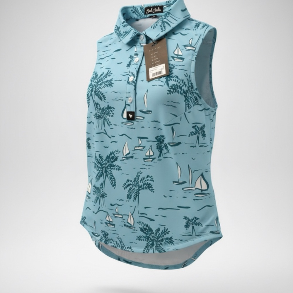Bad Birdie Sleeveless Golf Polo Palm Sailboat Print NWT XS